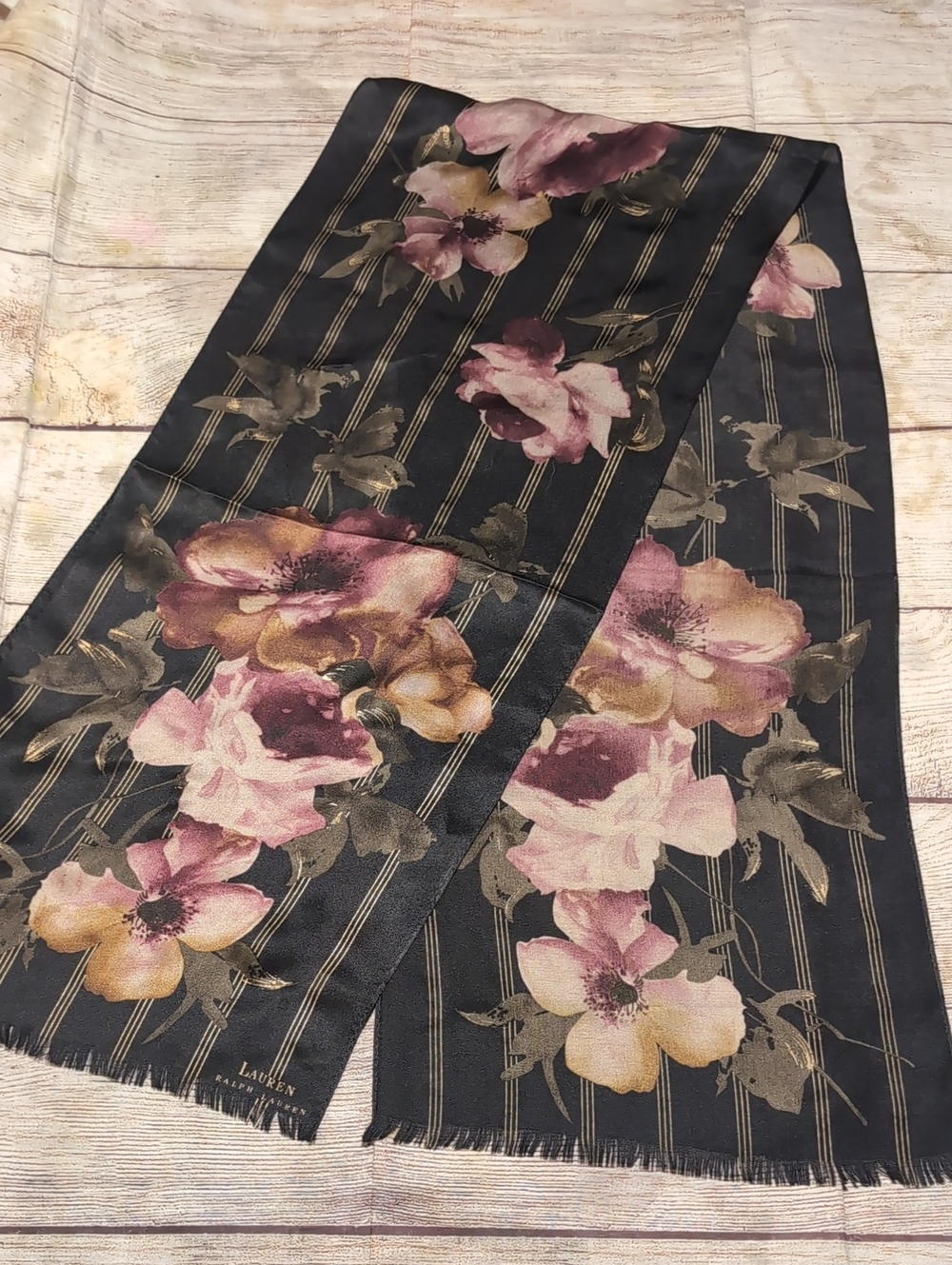 Lauren Ralph Lauren Black With Gold Sripes Floral Detail Silky Fringe Bottom Sca
